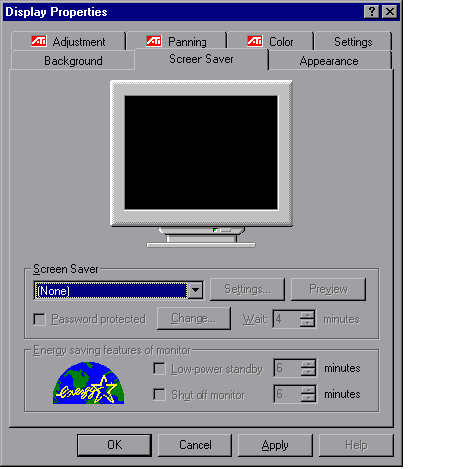 An image of the screen saver panel with no active screen saver